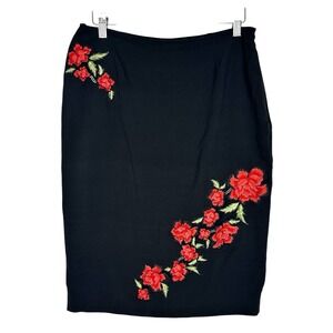Karen Millen Silk Pencil Skirt Black Floral Embroidered 12 Lined Y2K Knee Length